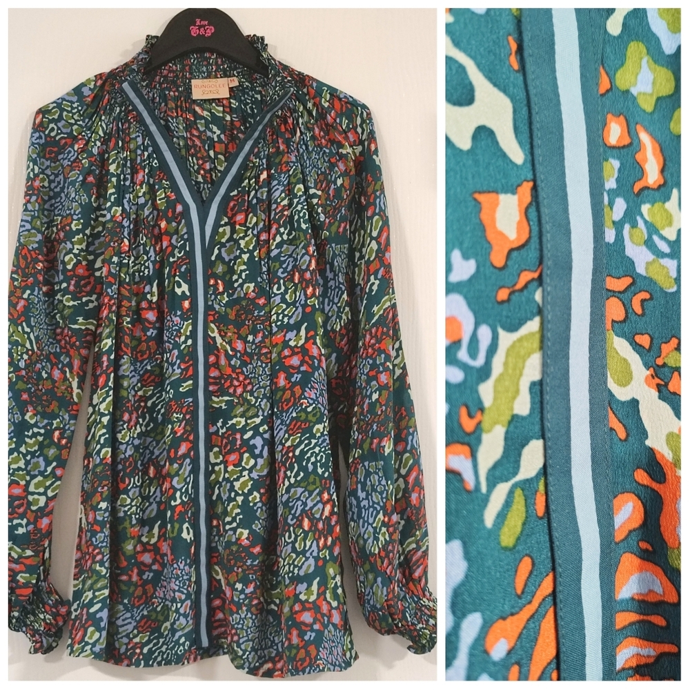 Rungolee Aspen Full Sleeve Silk Blouse Women's Medium Bohemian Abstract Design